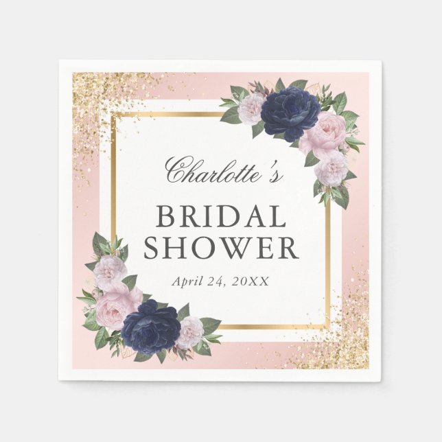 Blush Pink Navy Blue Gold Floral Bridal Shower Napkins (Front)