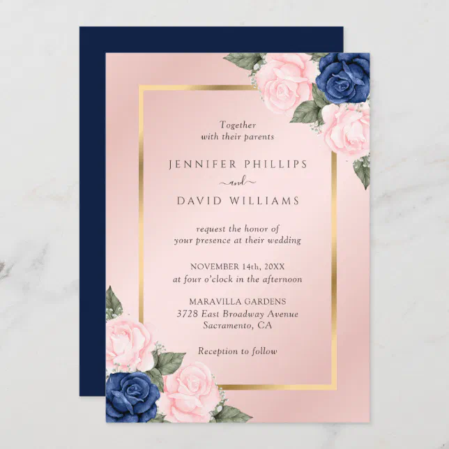 Blush Pink Navy Blue Gold Floral Wedding Invitation | Zazzle