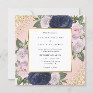 Blush Pink Navy Blue Gold Floral Wedding Invitation