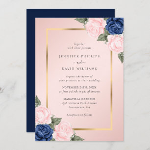 Blush Pink Navy Blue Gold Floral Wedding Invitation