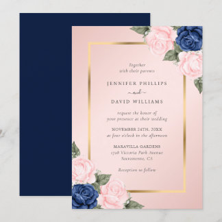 Blush Pink Navy Blue Gold Floral Wedding Invitation