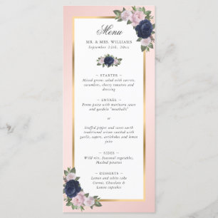 Blush Pink Navy Blue Gold Floral Wedding Menu