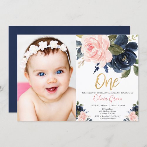 Blush pink navy blue gold girl 1st birthday photo invitation