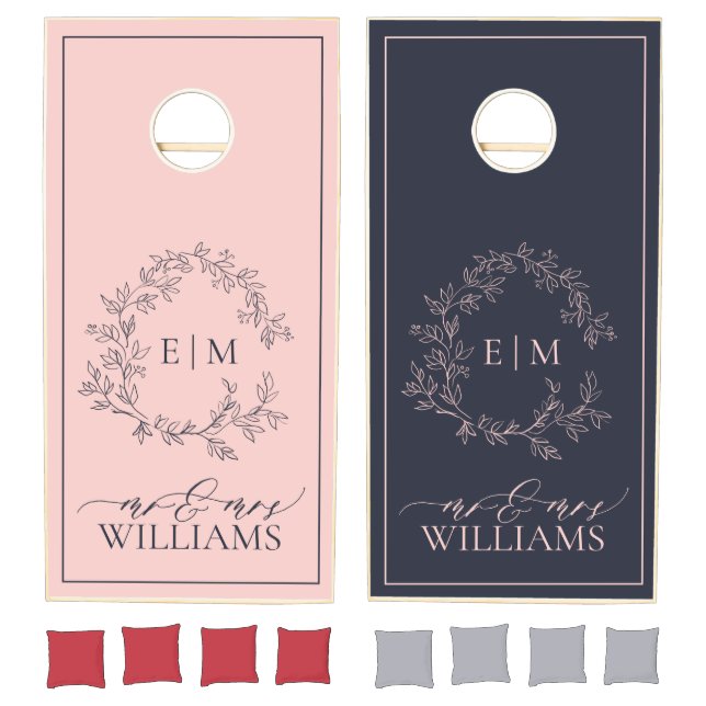 Blush Pink Navy Blue Leafy Crest Monogram Wedding Cornhole Set (Set)