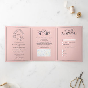 Blush Pink Navy Blue Leafy Crest Monogram Wedding Tri-Fold Invitation