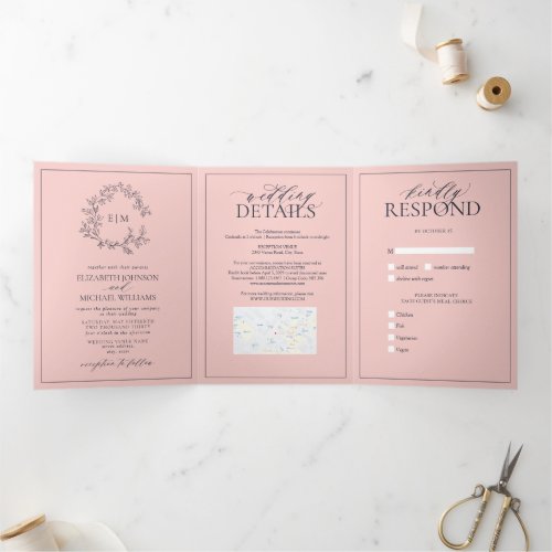 Blush Pink Navy Blue Leafy Crest Monogram Wedding Tri_Fold Invitation