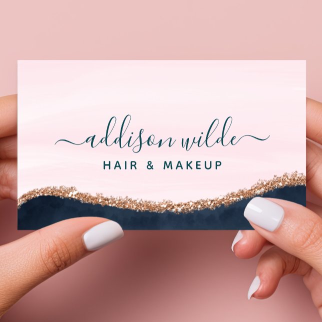 Blush Pink Navy Blue Modern Gold Border Abstract Business Card (Creator Uploaded)