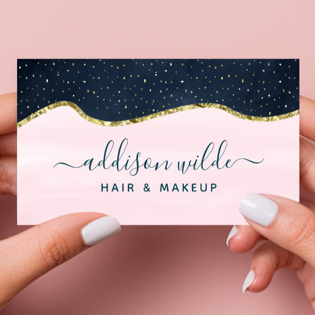 Blush Pink Navy Blue Modern Gold Speckle Abstract Business Card (Creator Uploaded)