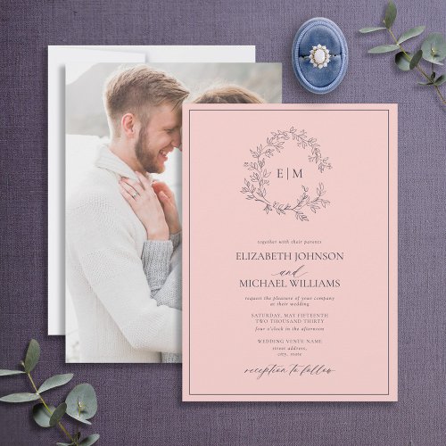 Blush Pink Navy Blue Monogram Photo Wedding Invitation