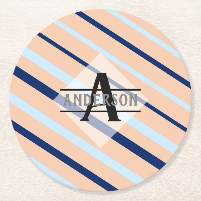 Blush Pink Navy Blue Monogram Round Paper Coaster (Front)