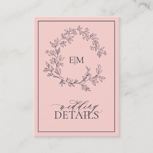 Blush Pink Navy Blue Monogram Wedding Details Enclosure Card