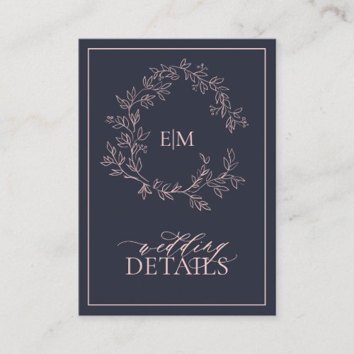 Blush Pink Navy Blue Monogram Wedding Details Enclosure Card