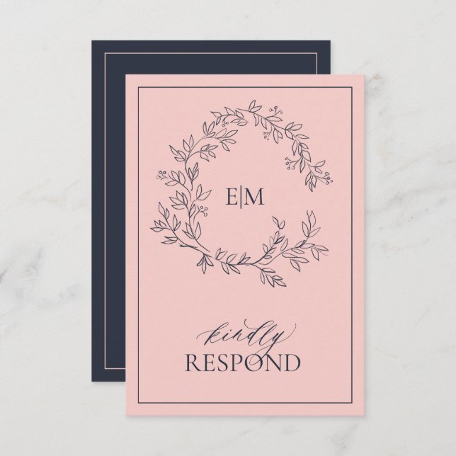 Blush Pink Navy Blue Monogram Wedding RSVP Card (Front/Back)