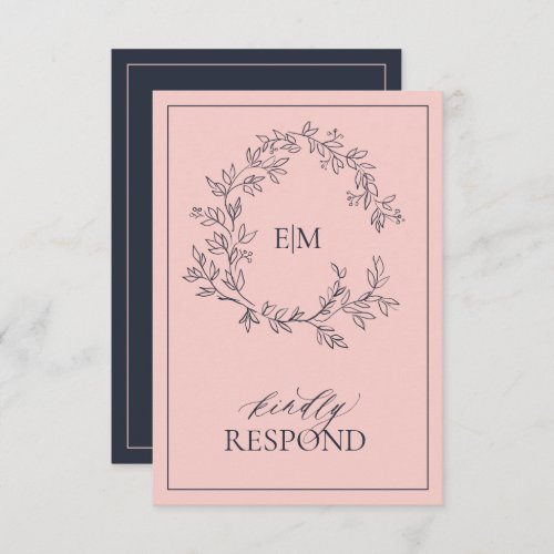 Blush Pink Navy Blue Monogram Wedding RSVP Card