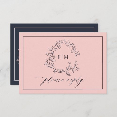 Blush Pink Navy Blue Monogram Wedding RSVP Card