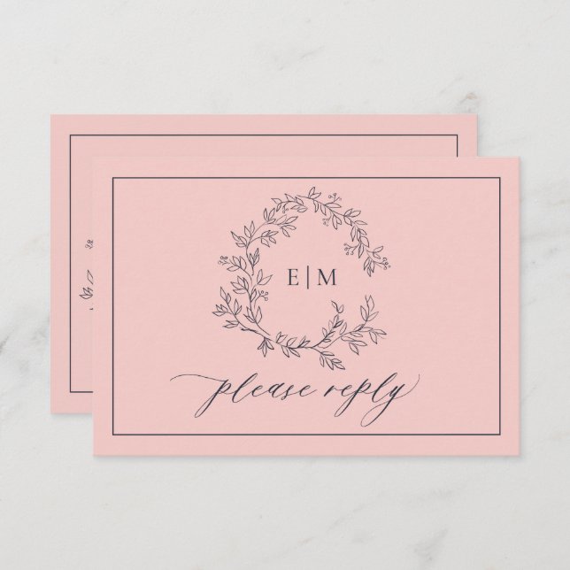Blush Pink Navy Blue Monogram Wedding RSVP Card (Front/Back)