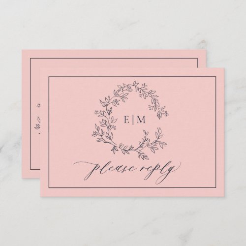 Blush Pink Navy Blue Monogram Wedding RSVP Card