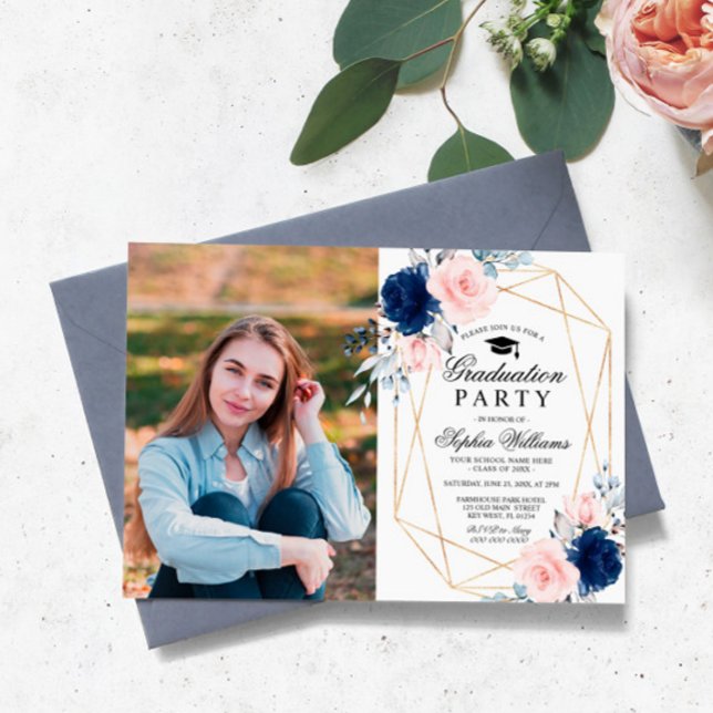Blush Pink & Navy Blue Photo Graduation Party Invitation (Creator Uploaded)