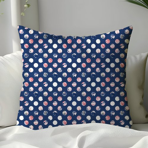 Blush Pink Navy Blue Polka Dots Floral Watercolor Throw Pillow