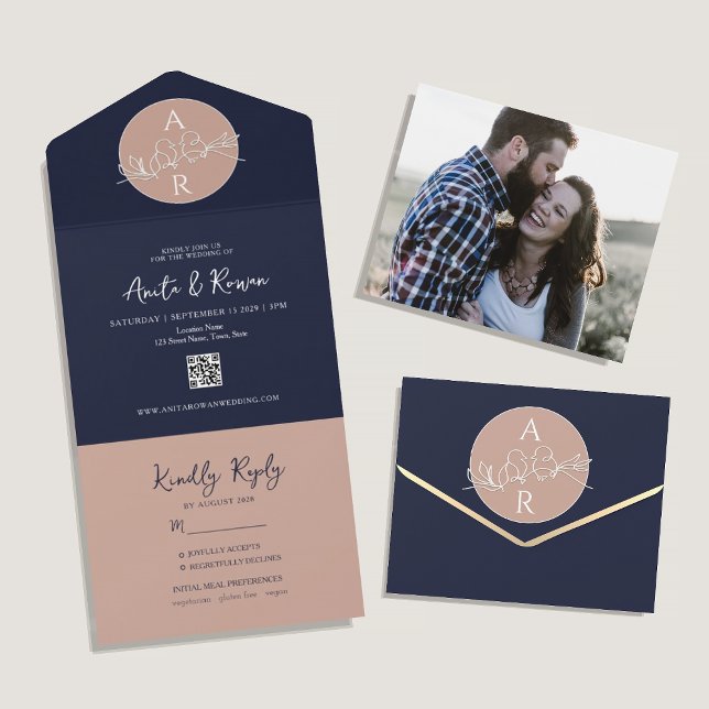 Blush Pink Navy Blue QR Photo Wedding All In One Invitation (Creator Uploaded)