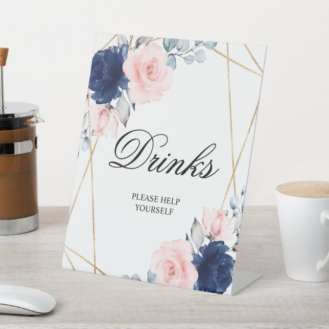 Blush Pink & Navy Blue Rose Shower Drinks Sign (In SItu)