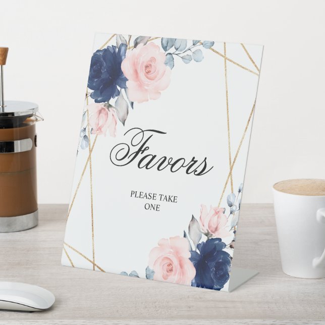 Blush Pink & Navy Blue Rose Shower Favors Sign (In SItu)