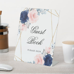 Blush Pink & Navy Blue Rose Shower Guest Book Sign