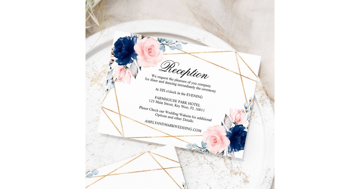 Blush Pink & Navy Blue Rose Wedding Reception Enclosure Card | Zazzle
