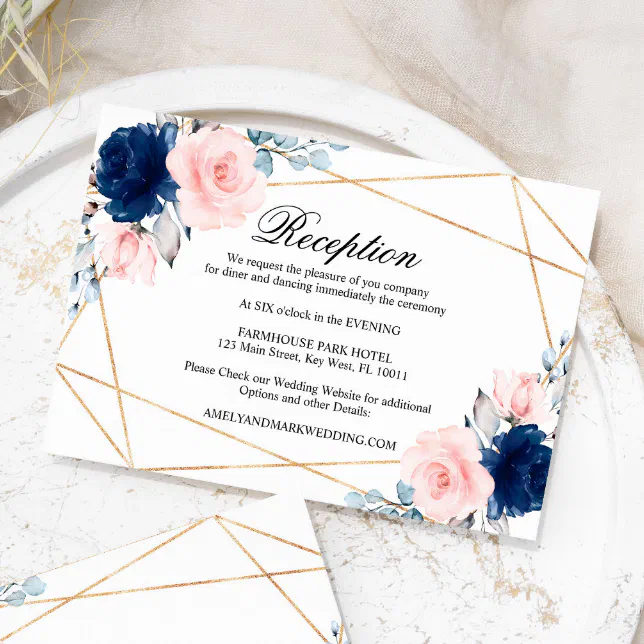 Blush Pink & Navy Blue Rose Wedding Reception Enclosure Card | Zazzle
