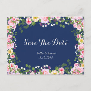 Blush Pink Navy Blue Save The Date Postcards