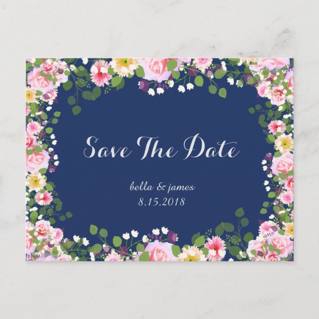 Blush Pink Navy Blue Save The Date Postcards (Front)