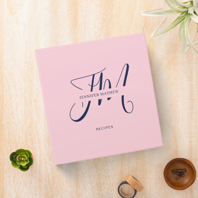 Blush Pink & Navy Blue Script Monogram Recipe 3 Ring Binder (In Situ)