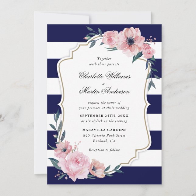 Blush Pink Navy Blue Stripes Floral Wedding Invitation (Front)