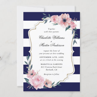 Blush Pink Navy Blue Stripes Floral Wedding Invitation