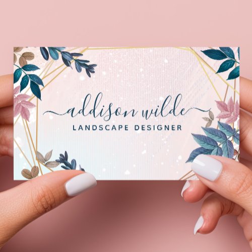 Blush Pink Navy Botanical Leaves Geometric Business Card