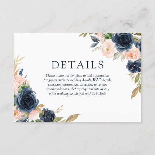 Blush Pink  Navy Elegant Spring Wedding Details Enclosure Card