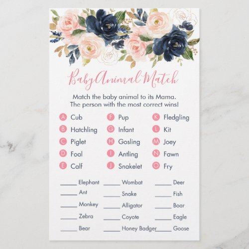 Blush Pink  Navy Floral Animal Match Shower Game