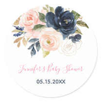 Blush Pink & Navy Floral Baby Shower Classic Round Sticker