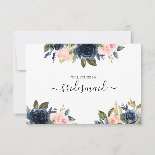 Blush Pink Navy Floral Bouquet Bridesmaid Card