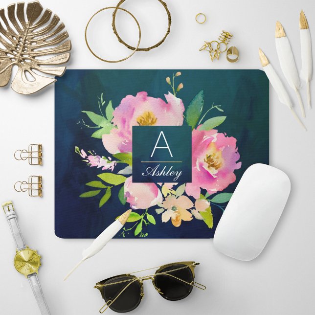 BLUSH PINK & NAVY Floral Bouquet Monogram Mouse Pad (Creator Uploaded)