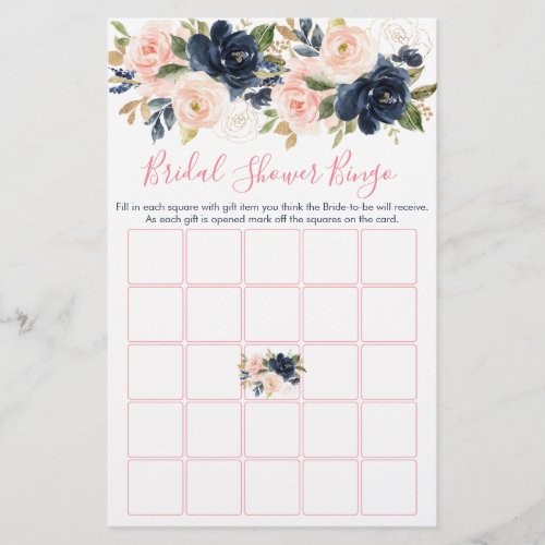 Blush Pink  Navy Floral Bridal Shower Bingo Game