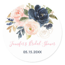 Blush Pink & Navy Floral Bridal Shower Classic Round Sticker