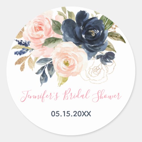 Blush Pink  Navy Floral Bridal Shower Classic Round Sticker