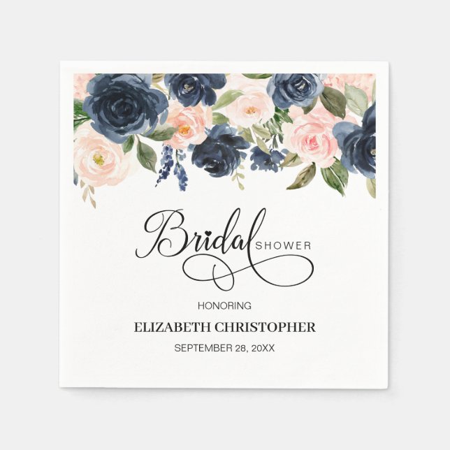 Blush Pink Navy Floral Bridal Shower Napkins (Front)