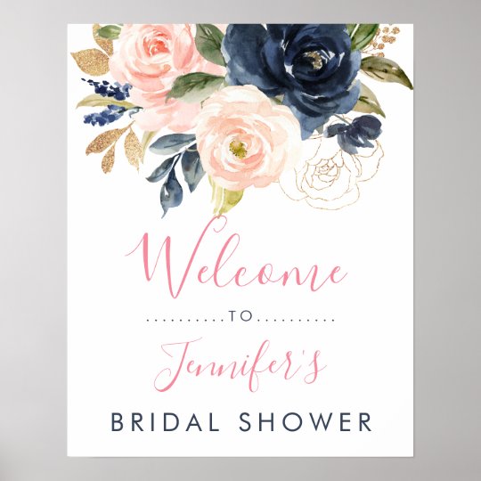 Blush Pink Navy Floral Bridal Shower Welcome Poster