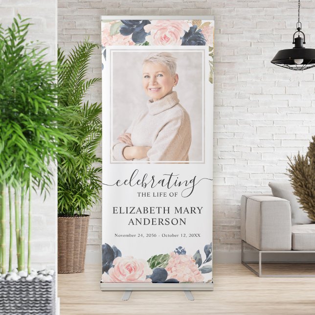 Blush Pink Navy Floral Celebration of Life Photo Retractable Banner (Creator Uploaded)