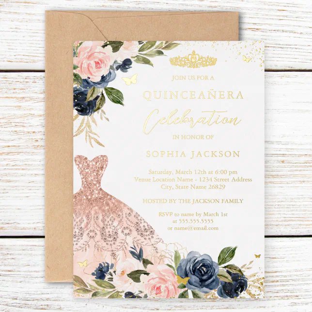 Blush Pink Navy Floral Dress Quinceanera Foil Invitation | Zazzle