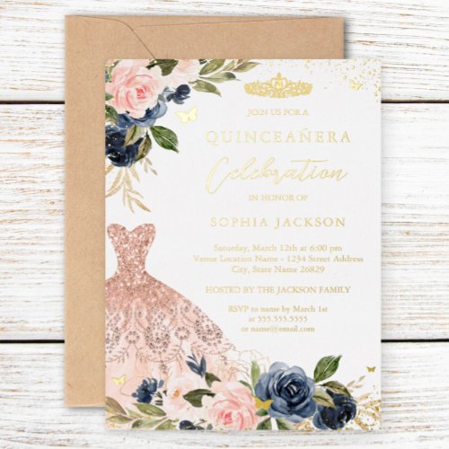 Blush Pink Navy Floral Dress Quinceanera Foil Invitation