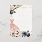 Blush Pink Navy Floral Dress Quinceanera Foil Invitation (Standing Front)