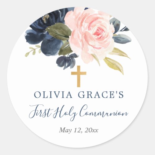 Blush pink navy floral first holy communion  classic round sticker